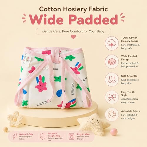 Image of LITTLE BOO Baby Cotton Cloth Nappies for Newborn,Reusable /Washable Diapers,Langot /U Shaped Double Layer Padded Extra Soft Nappy for Boy and Girl Unisex Babies (Pack of 5),(0-6 Months),Multicolor
