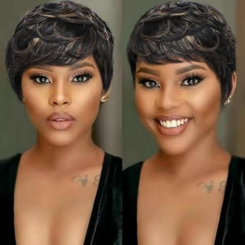 ORAVISTA Short Layered Pixie Cut Human Hair Wigs with Bangs