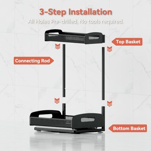 YASONIC 2 Pack Under Sink Organizer, 2 Tier Height Adjustable Kitchen Cabinet Organizer, Pull Out Metal Cabinet Shelf Organizer, Under the Sink Organizers and Storage for Kitchen & Bathroom, Black - image 9