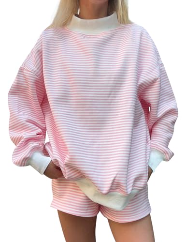TERIVEEK Women Mock Neck Sweatshirt Oversized Mockneck Striped Long Sleeve Pullover 2026 Fall Spring Casual Lounge Tops Pink White