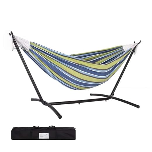 Prime Garden Double Hammock with Steel Stand for 2 Person Includes Portable Carrying Bag, 9 Feet, Elegant Oasis Stripe