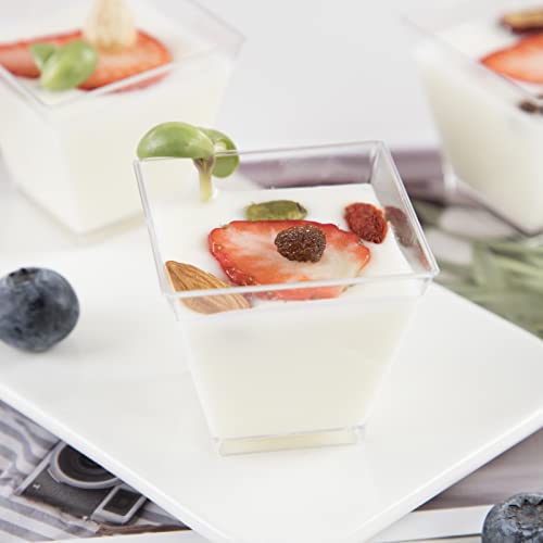 Dayammi 100Pack Mini Plastic Dessert Cups With Mini Silver Spoons, 2 Oz Square Plastic Disposable Small Clear Dessert Cups Plastic Yogurt Appetizer Cups Serving Cups For Tasting Party Dessert Pudding #TOP4