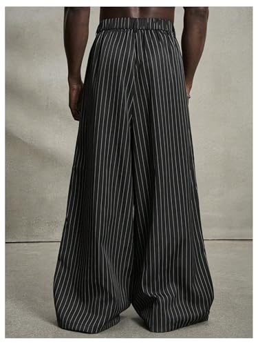 OYOANGLE Men's Striped Wide Leg Pleated Pants Zipper Fly Baggy Dress Trousers Streetwear2