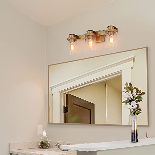 Image of KSANA Bathroom Vanity Light Fixture, 3-Light Gold With Seedy Glass Shade for Hallway (20.5'' x 6.5'' x 8'')