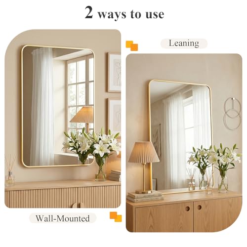 Image of NEWBULIG 30X48 Inch Gold Bathroom Mirror, Rectangle Wall Mirror with Rounded Corners, Vanity Mirrors for Bathroom Sink with Metal Frame for Bedroom, Entryway, Hangs Horizontally or Vertically