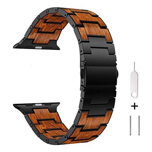 Review Discount AWMES Compatible for Apple Watch Band 42mm 44mm, Natural Wood Red Sandalwood Stainless Steel Metal Strap Replacement Band for iWatch Bands Compatible for Apple Watch Series 6/5/4/3/2/1 (Black)