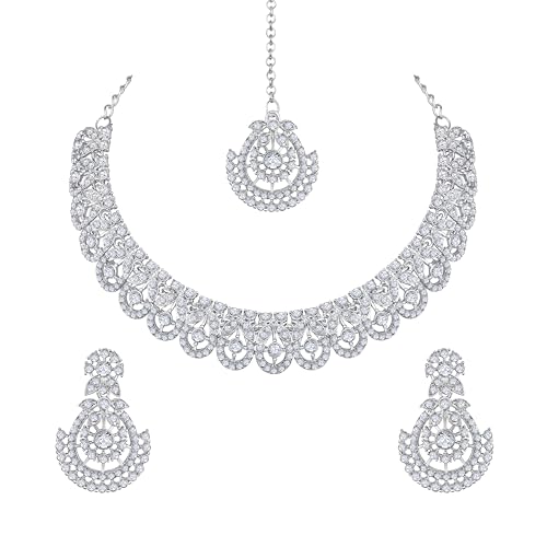 Image of Atasi International Silver Plated White Crystals American Diamonds Stylish Necklace Set with Earrings and Maang Tikka for Women and Girls | Stylish Jewellery for Party, Wedding and Festive Occasions (R6160)