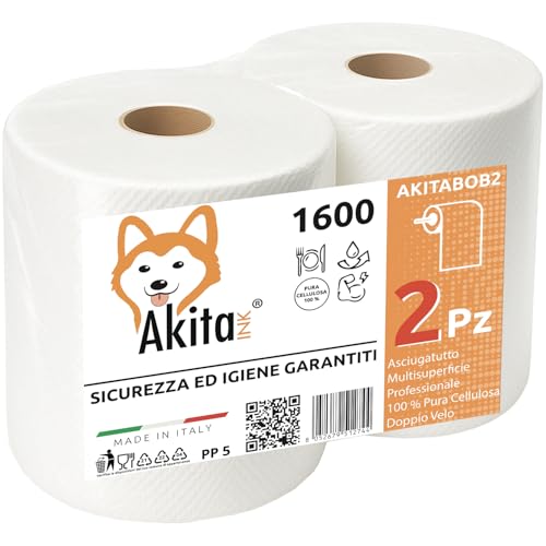 2 Rotoli Carta Asciugatutto 1600 Lunga Durata Extra Resistente Bobina carta Asciugatutto 2 veli pura cellulosa Microgoffratura Rotoloni asciugatutto uso alimentare casalingo industriale