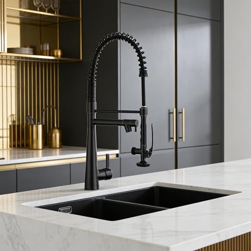 Image of Kitchen Faucet, Solid Brass Oil Rubbed Bronze Kitchen Faucet, Heavy Duty Spring Pre-Rinse Single Handle Kitchen Faucets with Pull Down Sprayer and Pot Filler, Commercial Style Sink Faucet