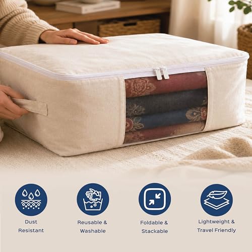 Image of Homestrap Cotton Clothes Storage Covers Pack of 3 | Breathable 100% Cotton Storage Bags with Mesh Window | Reusable & Dust-Proof Wardrobe Organizer for Sarees, Lehengas, Suits, Kurtis & Ethnic Wear