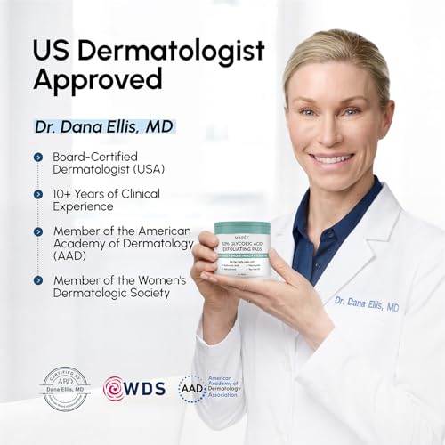 Image of MAREE Glycolic Acid Resurfacing Pads - Toner Pads for Face Cleansing - Exfoliating Pad with Tea Tree Oil, Salicylic Acid & Vitamins E, B3, B5 - Acne Treatment Device for Pore Resurfacing - 50 Count
