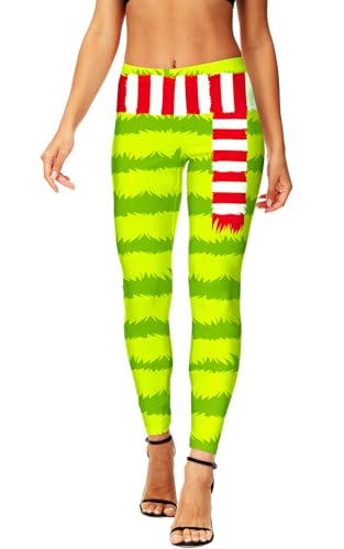 AOBUTE Green Monster Print Leggings for Women Xmas Festival High Waist Tights Christmas Ugly Pattern Footless Pants L