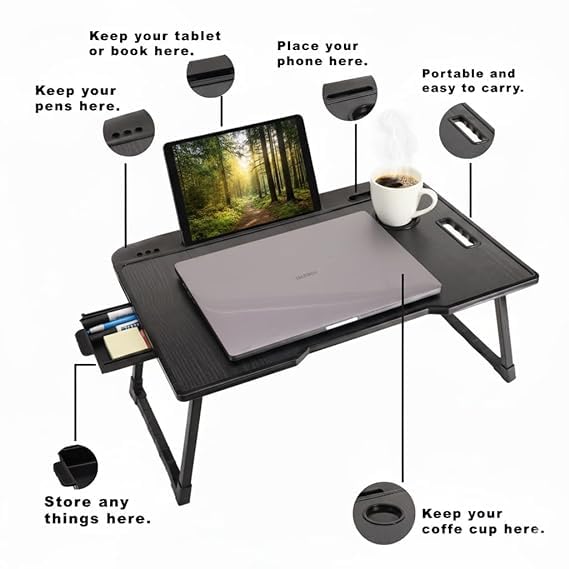 Image of Derbus Foldable Wooden Mini Laptop Table for Bed, Smart Study Table with Drawer kids (MK-K-BLACK=-R)