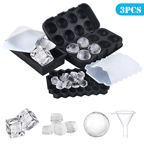 WOMGF 3pcs Cubitera Hielo Moldes para Cubitos de Hielo Molde,Cubiteras para Hielo sin BPA Moldes de Hielo de Silicona Molde Cuadrado y Redondo Bola de Hielo para Bebés,Cola,Cócteles,Whisky Negro