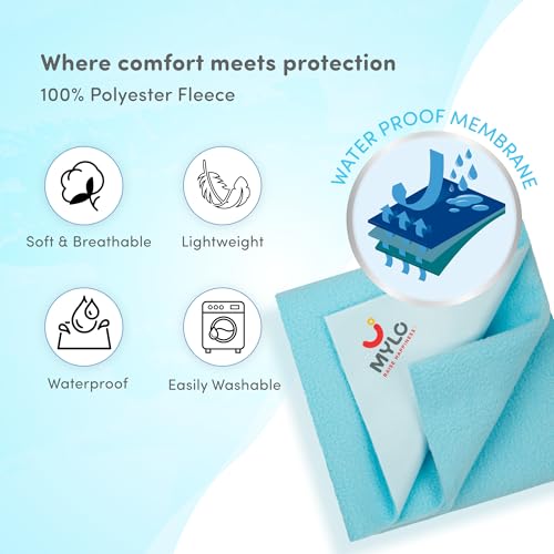 Image of Mylo Baby Waterproof Mattress Protector for Baby (0-3 Years), Extra Absorbent, Soft and Reusable Quick Dry Sheets (Medium, 100cm x 70cm, Turquoise)