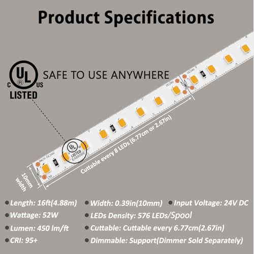 Image of Warm White LED Strip Lights 2700K, 450LM /ft Ultra Bright, CRI 95+, UL Listed, Premium High Density 2835, 16ft, 576 LEDs, 24V DC LED Tape Lights for Room, Kitchen, Cabinet (No Power Supply)