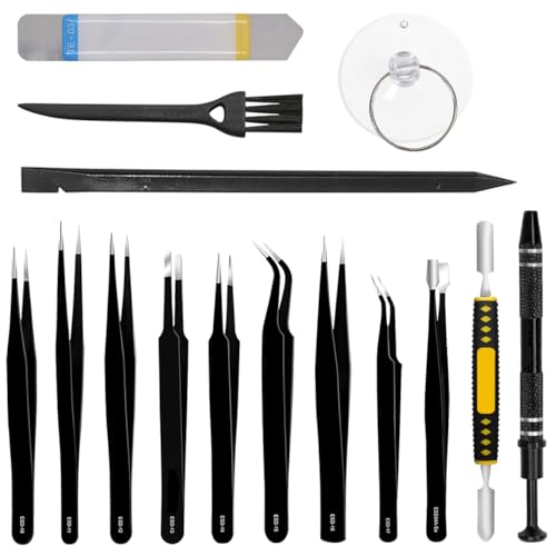ZHUROUPU 15Pcs Precision Tweezers Set, Stainless Steel Electronic ESD Tweezers, Anti-static Industrial Soldering Tweezers 4 Prong Diamond Claw Tweezers for DIY, Jewelry, Electronics, Laboratory Work