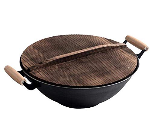 WOTZOV Freidora Wok de Hierro Fundido con Tapa de Madera, sartén sin Revestimiento, Wok Grueso para cocinas de Gas, Olla de Hierro Antigua Antiadherente de Dos Asas, sartén Wok