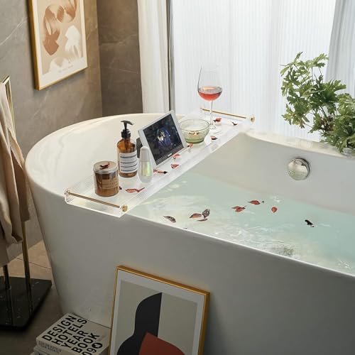 Bathtub Caddy Tray for Luxury Bathroom Bath tub Table Caddy Tray Shelf for Shower with Gold Handles...