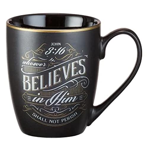 Product Image of the Christian Art Gifts Black Stoneware Coffee Mug with Gold Rim for Women and Men – 12 oz. Lead and Cadmium-free Coffee and Tea Mug with Inspirational Bible Verse: Whoever Believes In Him - John 3:16