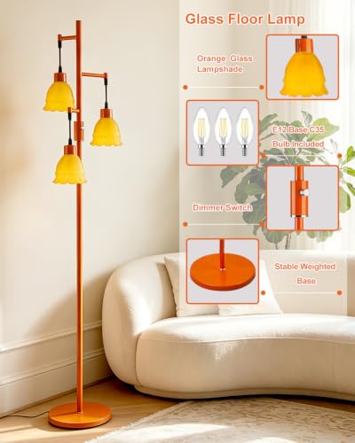 Image of Lightdot 3-Lights Glass Floor Lamp Dimmable Orange Floor Lamp with Orange Glass Shade 3000K Bulbs Included Unique Modern Standing Tall Lamp with 5Lbs Heavy Base for Living Room /Bedroom /Sofa Beside