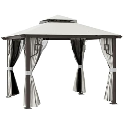 Outsunny 10' x 10' Patio Gazebo with Privacy Curtains, Mesh Netting, Double Roof Outdoor Canopy Shelter, Aluminum Frame Outdoor Gazebo, Cream White