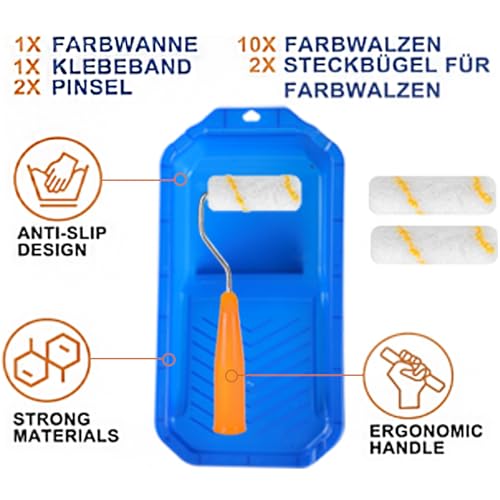 Malerset 16-teilig, Farbroller Set mit Farbwanne Kreppband, 2x Pinsel,10x 10cm Farbroller und 2x Steckbügel Groß/Klein, Mini Farbroller Pinsel für Familienzimmer Wand Architekturdekoration