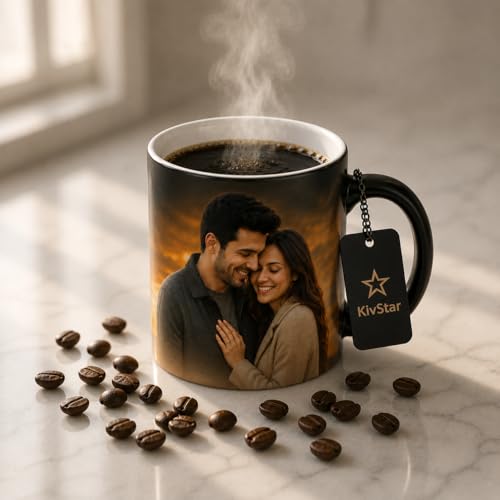Image of KivStar Customized Photo & Quote Reveal Mug - Black Magic Coffee Cup (325ml) - Ideal Surprise Gift for Him /Her on Birthday & Engagement 01 (Combo-02)