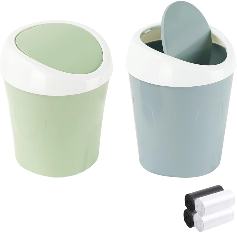 SITAKE2 Pcs Plastic Mini Wastebasket Trash Can with 4 Rolls of Trash Bags, Tiny Desktop Waste Garbage Bin with Swing Lid for Home, Office, Kitchen, Vanity Tabletop, Bedroom, Bathroom (Blue + Green)