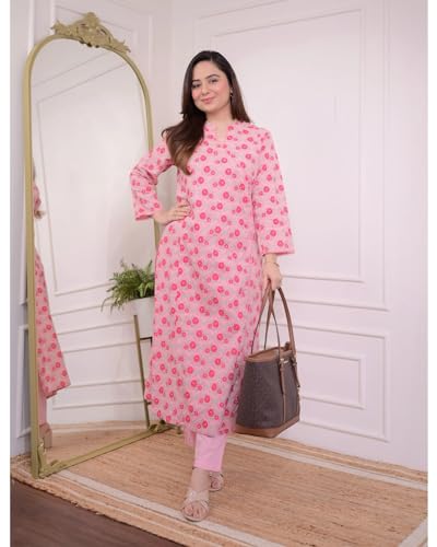 Fabnex Cotton Blend Regular Women Kurta Set (K-56-Pink-L_Pink