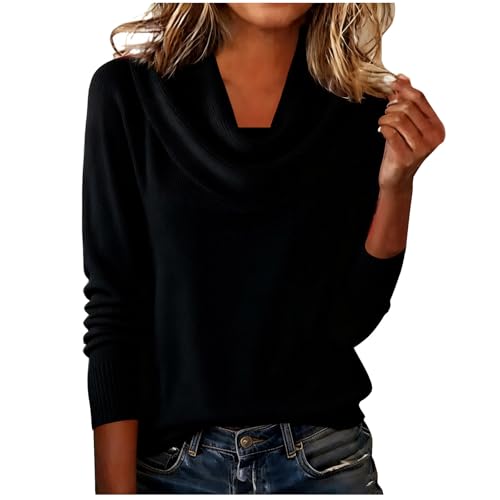 Image of Ladies Fashion Jumper UK 2025 Fall Winter Long Sleeve Cowl Neck Knit Sweater Dressy Casual Solid Color Loose Fit Pullover Tops Comfy Elegant Going Out Blouse