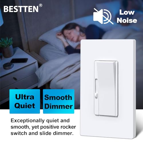 Image of BESTTEN 6PK Slim Dimmer Light Switch, Single Pole or 3 Way Dimmable Switch | ETL Listed, Max 300W LED, CFL, 600W Incandescent, Quiet Rocker, Screwless Wall Plate Included, White