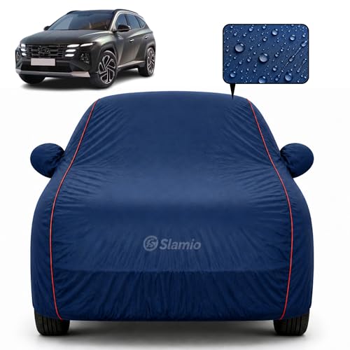 Image of Premium 100% Waterproof Car Cover for Hyundai's Tucson 2016-2021 Models All-Weather, UV & Dust Protection | Heavy-Duty 3-Layer Fabric | Custom Fit with Mirror & Antenna Pockets | Navy Blue