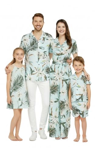 Image of Wispy Cereus Light Blue Family Matching Hawaiian Clothes | Family Matching Outfits • Soft Rayon Fabric • Tropical Floral Print • Vacation Ready • Luau Party Wear