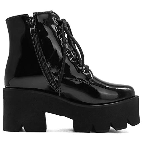 Image of Parisuit Womens Goth Patent Ankle Boots Platform Chunky Combat Boots | Lace Up, Gothic Boots, High Heel, Punk Short Booties, Buckle Boots, Chain Boots