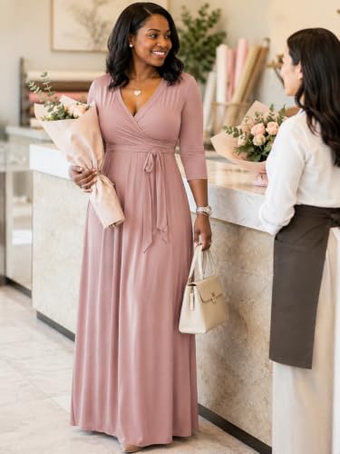 Image of PinkPatty Women's Plus Size V Neck 3 /4 Sleeve Boho Maxi Dress with Pockets