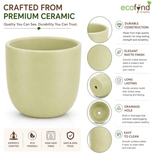 Image of ecofynd 5 Inch Ceramic Plant Pots with Drainage Hole, Modern Decorative Clay Flower Pots for Indoor Plants, Home Garden Decor for Living Room, Bedroom & Interior Spaces (Pack of 2, CPOT041-LGN)