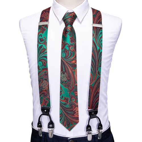 Image of Barry.Wang Men Suspender Set with Necktie Elastic Y Type Heavy Duty 6 Clips Braces Tie Handkerchief Cufflink Pin 6PCS