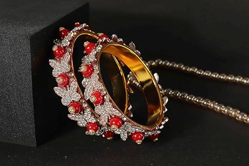 Image of LAVAZZA Stylish Butterfly Design Golden Metal with Zircon Diamond & Pearls Moti Bangles Kada For Women & Girls | Traditional Girl's Bangles Bracelet | Women's Kangan Wedding, Party-Set of 2