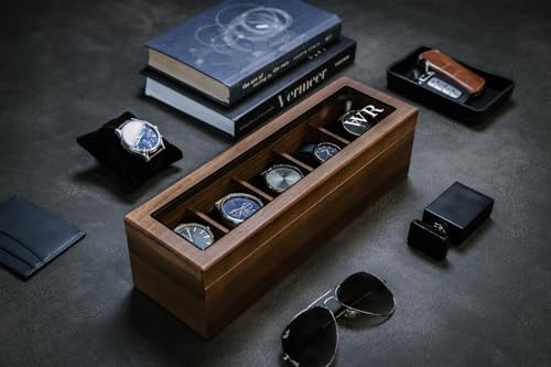Image of Wooden Watch Box | 5 Slot Rectangular Sheesham Wood Watch Organizer | Handmade Watch Storage Case for Men & Women | Wooden Watch Holder Gift Box