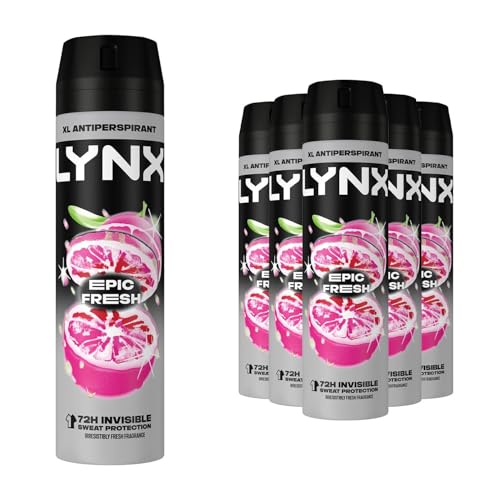 Lynx XL Epic Fresh Antiperspirant Deodorant Spray for Men 200ml Pack of 6 72H Sweat & Odour Protection Grapefruit & Tropical Pineapple Fragrance Lynx Antiperspirant Spray
