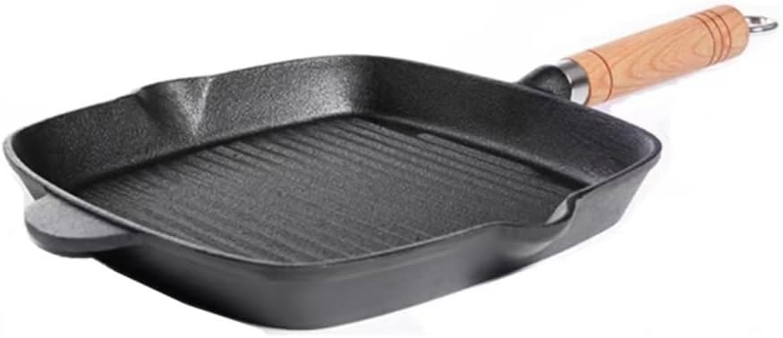 Cast iron skillet with single wood handle, steak skillet grill pan, square BBQ grill pan, steak frying skillet, frying pan, grill skillet, for indoor and outdoor grilling.