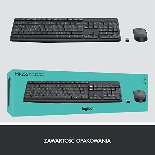 Logitech MK235 Combo Bezprzewodowy Zestaw Klawiatura i Mysz dla systemu Windows, łączność 2,4 GHz, odbiornik USB, 24 miesiące pracy na baterii, PC, laptopem, QWERTY układ US Intl - Szary