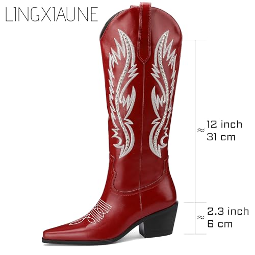 Image of LingxiaUne Red Knee High Cowboy Boots For Women Wide Calf Distressed Western Cowgirl Boot With Low Block Heels And Pointed Toe Trendy Comfortable Size 9