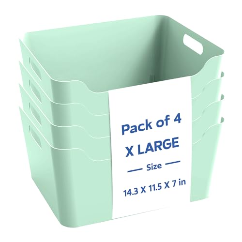 Image of KOLORR Jolly Plastic XL Baskets with Handle for Storage Box| Multipurpose Light Weight Plastic Baskets organiser for Clothes Toys Stationary Cosmetics Livingroom Bathroom | Pack of 4 - Mint