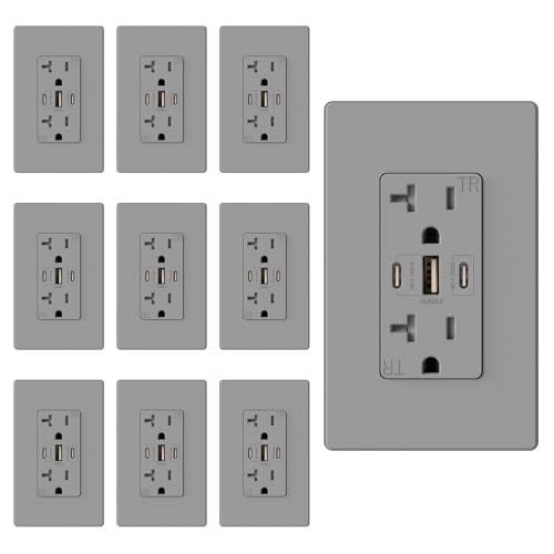 Image of ELEGRP USB Outlets, 30W 6.0 Amp USB C Outlets Receptacles, 3-Port USB Wall Outlet, 20 Amp Tamper-Resistant Outlet with 2 USB C Ports, UL Listed, Screwless Wall Plate Included, 10 Pack, Matte Grey