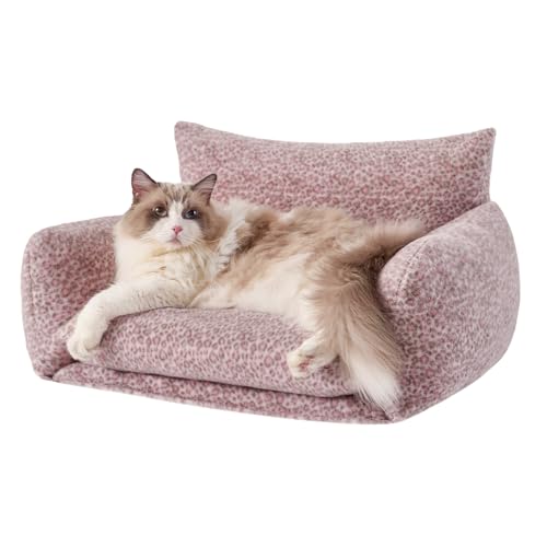 Hollypet Cat Bed Fluffy Plush Mutifuctional Double-Layer Soft Pet Couch Orthopedic Sofa Nest Beds for Small Cats and Dogs, Pink Leopard (25x20x13 inch)