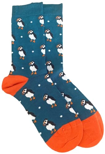 Purple Possum UK® Puffin Socks Puffins Pattern Soft Bamboo Cotton Blend Teal Blue Orange Sock Gift Idea Women's Size 4 to 7