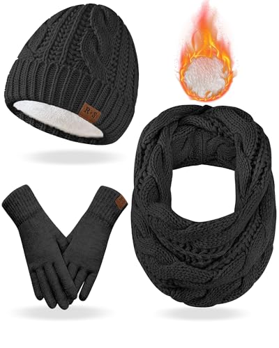 Winter Beanie Hat Scarf Gloves Set for Women, Fleece Lined Hats Touchscreen Gloves Long Scarf 3 In 1 Set for Cold Weather