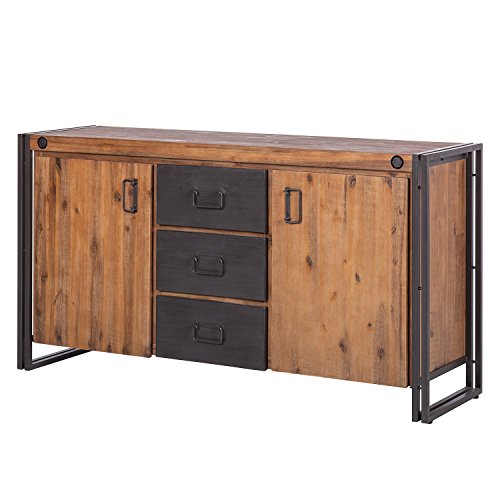 Meubletmoi Buffet Vintage/Plateau en Bois Massif & Structure métal / 2 Portes & 3 tiroirs / L180cm – Collection Workshop